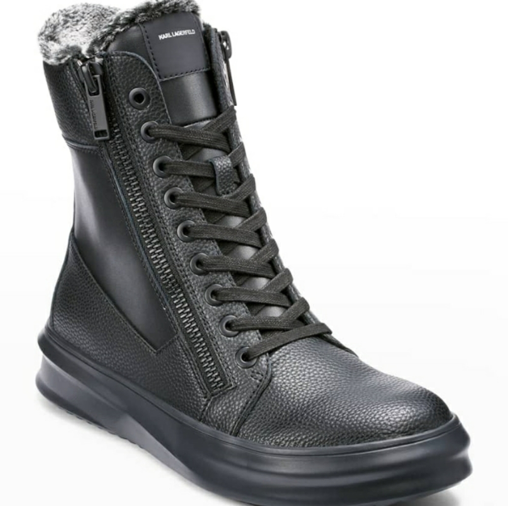Karl Lagerfeld Paris Men's Grained Leather Faux Fur-Lined Combat Boots.